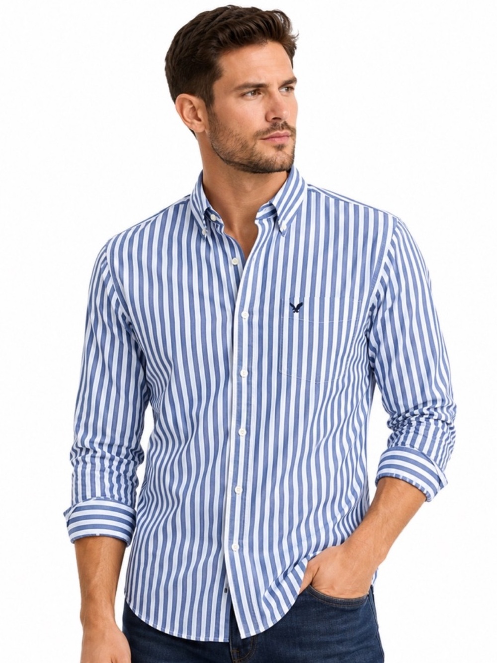 American Eagle Vintage Slim Fit Blue White Striped Button Down Shirt M